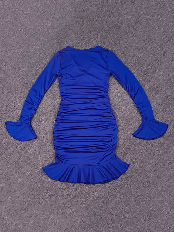 Bodycon Elasticated Waist Pleated Ruffled Solid Color Split-Joint V-Neck Midi Dresses - Image 14