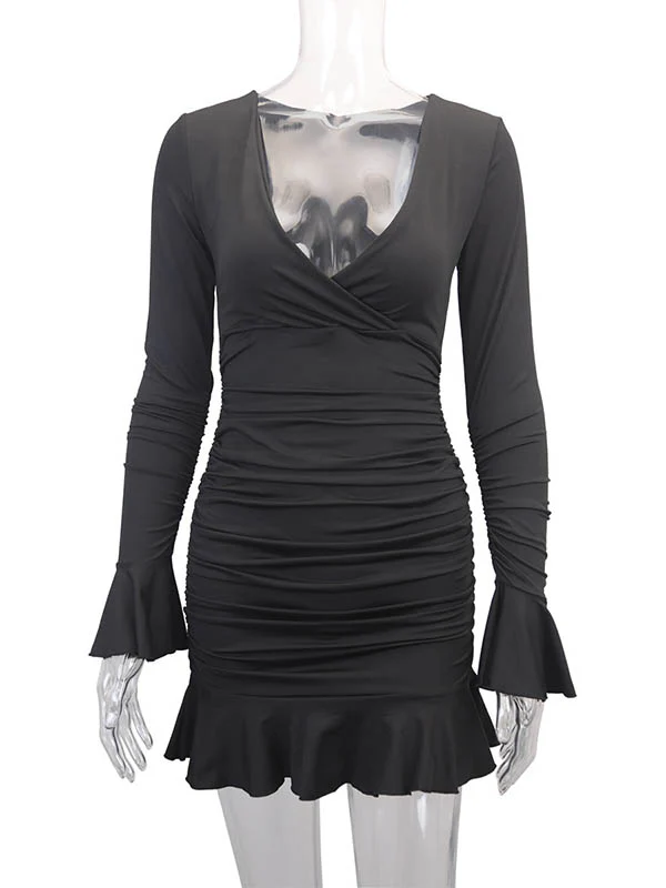 Bodycon Elasticated Waist Pleated Ruffled Solid Color Split-Joint V-Neck Midi Dresses - Image 25