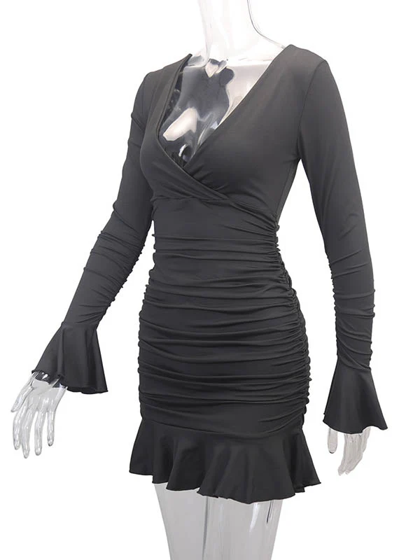 Bodycon Elasticated Waist Pleated Ruffled Solid Color Split-Joint V-Neck Midi Dresses - Image 26