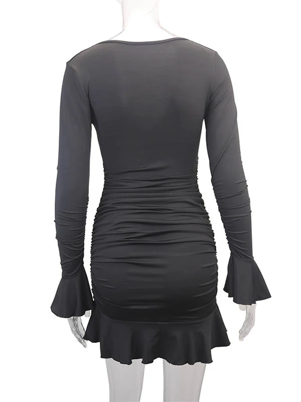 Bodycon Elasticated Waist Pleated Ruffled Solid Color Split-Joint V-Neck Midi Dresses - Image 27