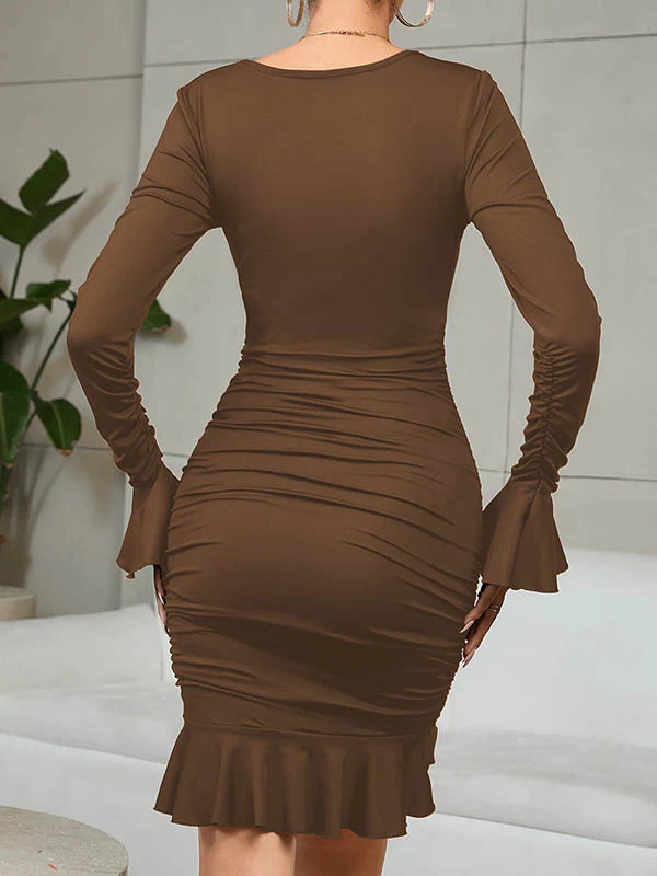 Bodycon Elasticated Waist Pleated Ruffled Solid Color Split-Joint V-Neck Midi Dresses - Image 34
