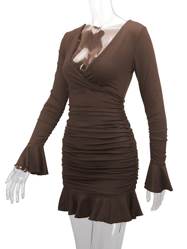 Bodycon Elasticated Waist Pleated Ruffled Solid Color Split-Joint V-Neck Midi Dresses - Image 35