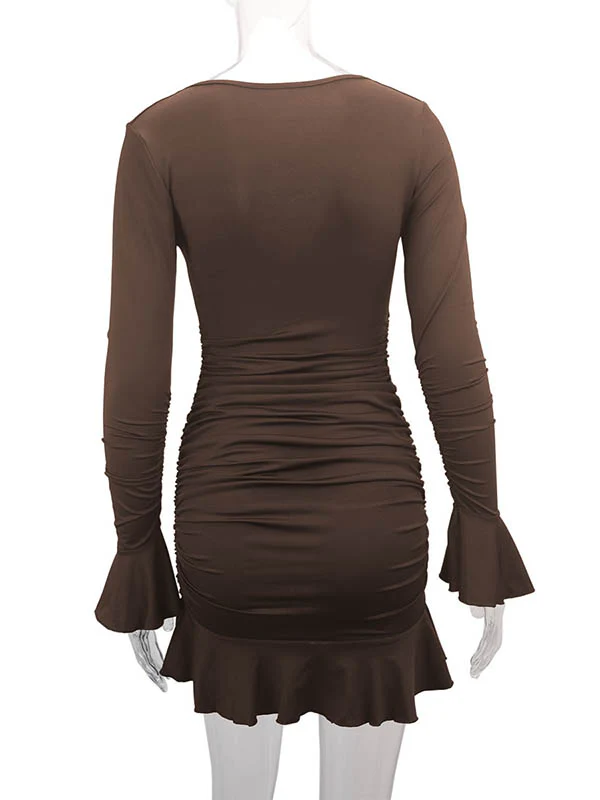 Bodycon Elasticated Waist Pleated Ruffled Solid Color Split-Joint V-Neck Midi Dresses - Image 36