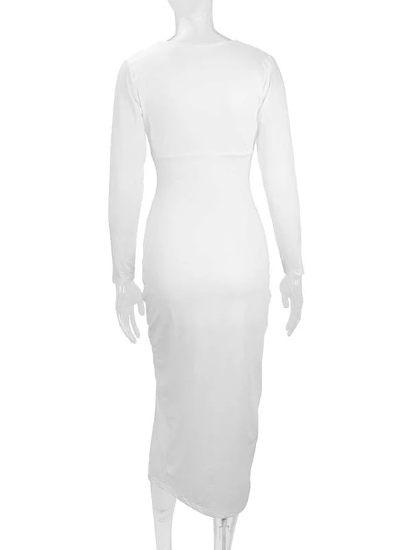 Bodycon Elasticated Waist Pleated Solid Color Split-Joint Split-Side Deep V-Neck Midi Dresses - Image 10