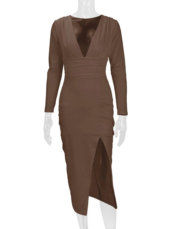 Bodycon Elasticated Waist Pleated Solid Color Split-Joint Split-Side Deep V-Neck Midi Dresses - Image 17