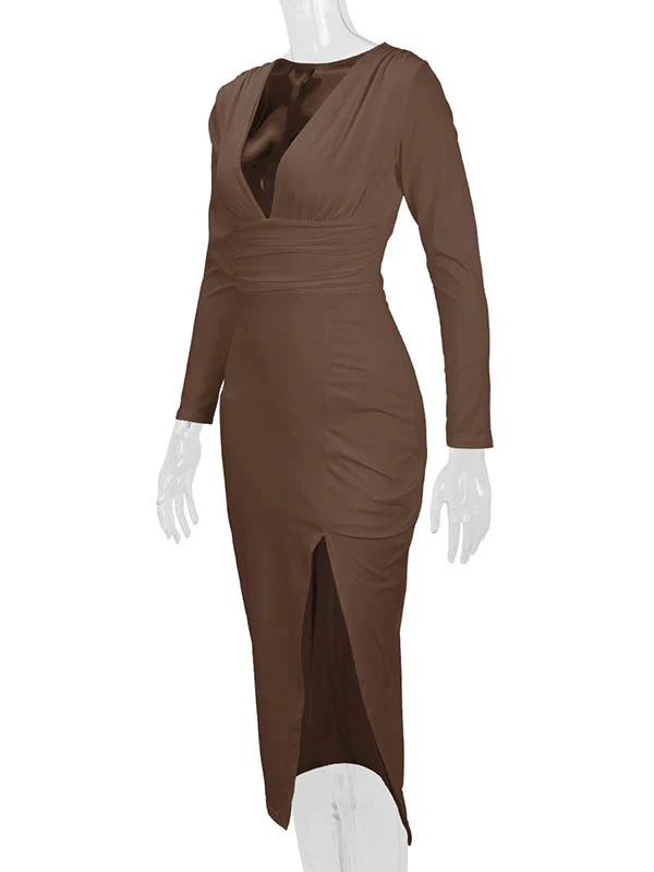 Bodycon Elasticated Waist Pleated Solid Color Split-Joint Split-Side Deep V-Neck Midi Dresses - Image 18