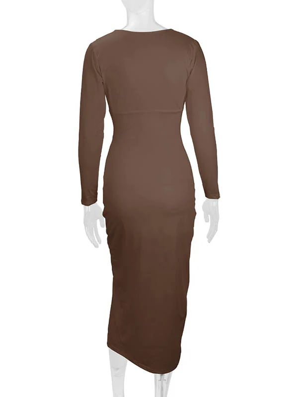 Bodycon Elasticated Waist Pleated Solid Color Split-Joint Split-Side Deep V-Neck Midi Dresses - Image 19