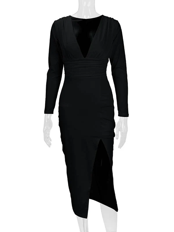 Bodycon Elasticated Waist Pleated Solid Color Split-Joint Split-Side Deep V-Neck Midi Dresses - Image 26