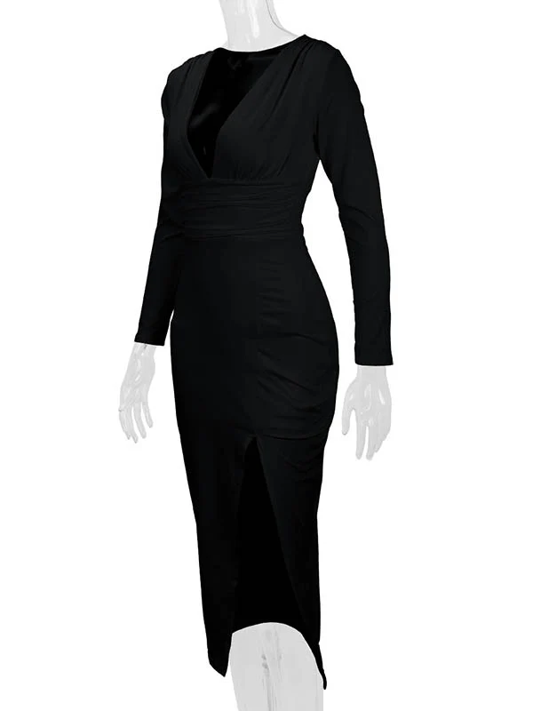 Bodycon Elasticated Waist Pleated Solid Color Split-Joint Split-Side Deep V-Neck Midi Dresses - Image 27