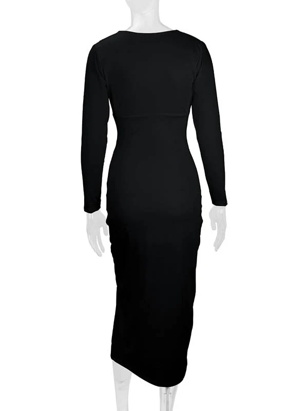 Bodycon Elasticated Waist Pleated Solid Color Split-Joint Split-Side Deep V-Neck Midi Dresses - Image 28