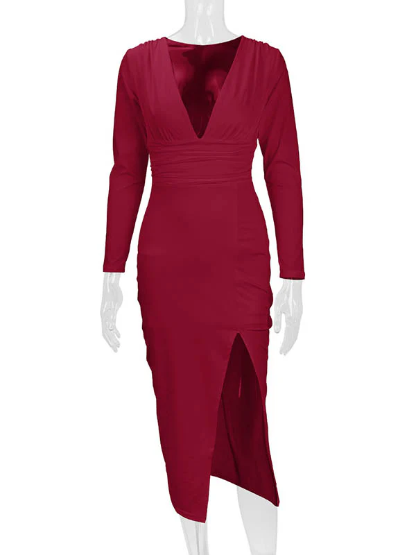 Bodycon Elasticated Waist Pleated Solid Color Split-Joint Split-Side Deep V-Neck Midi Dresses - Image 33