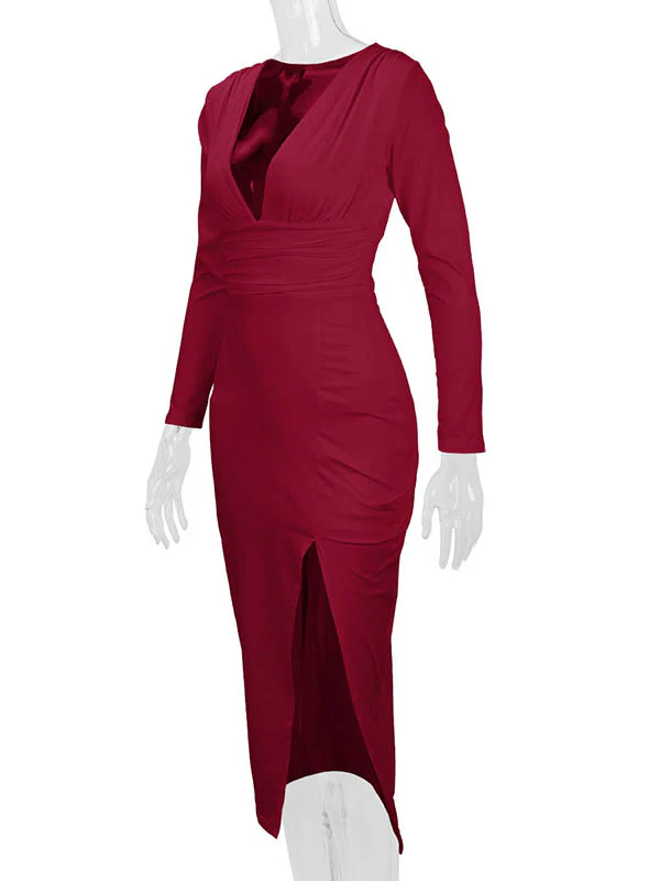 Bodycon Elasticated Waist Pleated Solid Color Split-Joint Split-Side Deep V-Neck Midi Dresses - Image 34