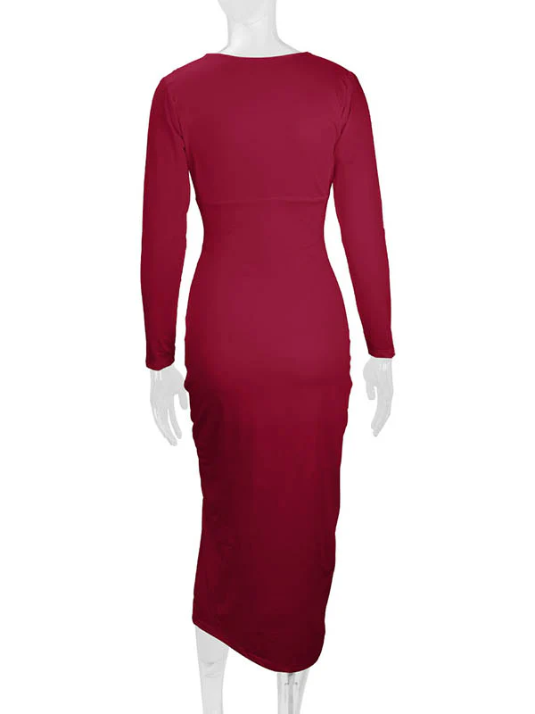 Bodycon Elasticated Waist Pleated Solid Color Split-Joint Split-Side Deep V-Neck Midi Dresses - Image 35
