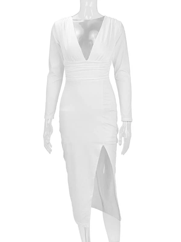 Bodycon Elasticated Waist Pleated Solid Color Split-Joint Split-Side Deep V-Neck Midi Dresses - Image 8