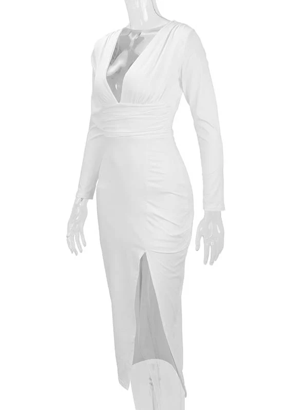 Bodycon Elasticated Waist Pleated Solid Color Split-Joint Split-Side Deep V-Neck Midi Dresses - Image 9