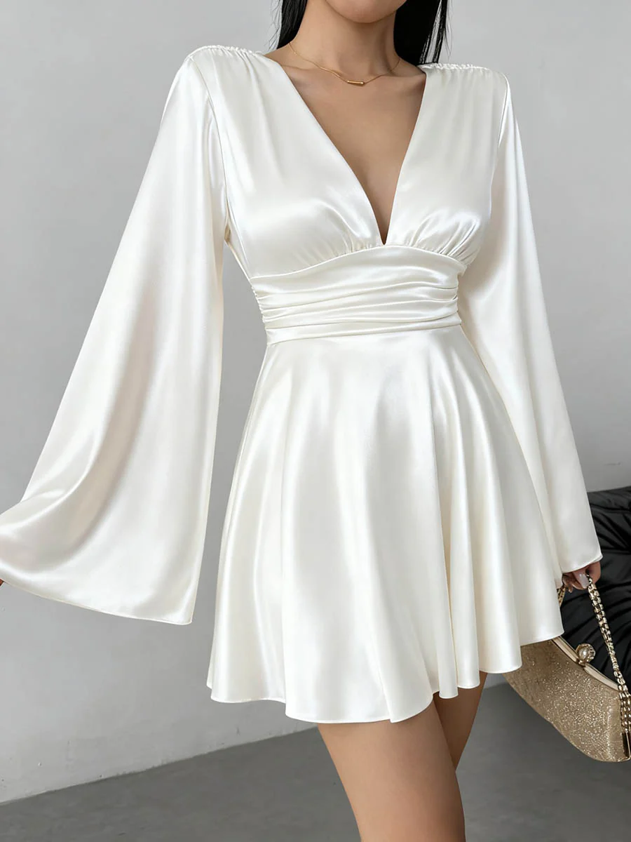 Bodycon Elasticated Waist Solid Color Deep V-Neck Mini Dresses