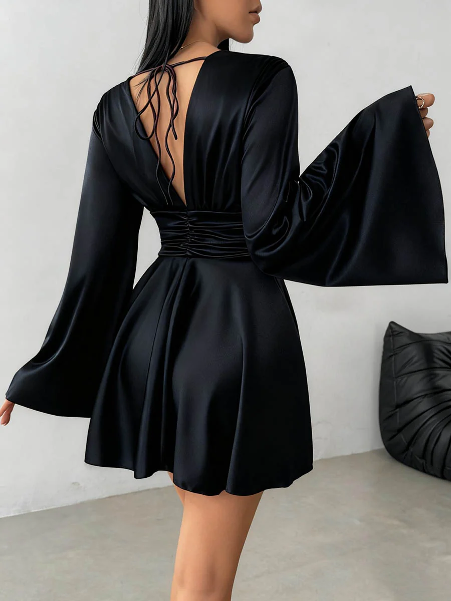 Bodycon Elasticated Waist Solid Color Deep V-Neck Mini Dresses - Image 13