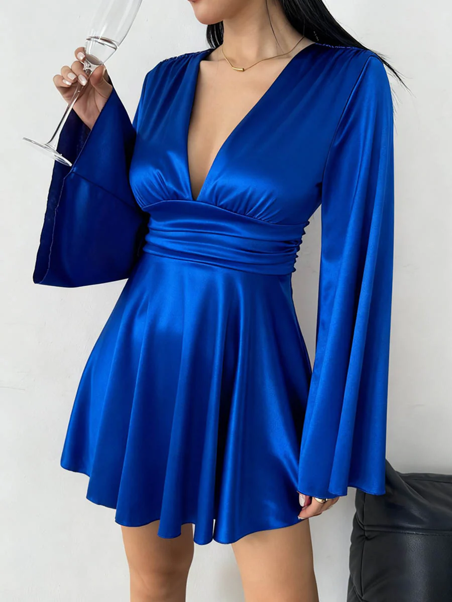 Bodycon Elasticated Waist Solid Color Deep V-Neck Mini Dresses - Image 14