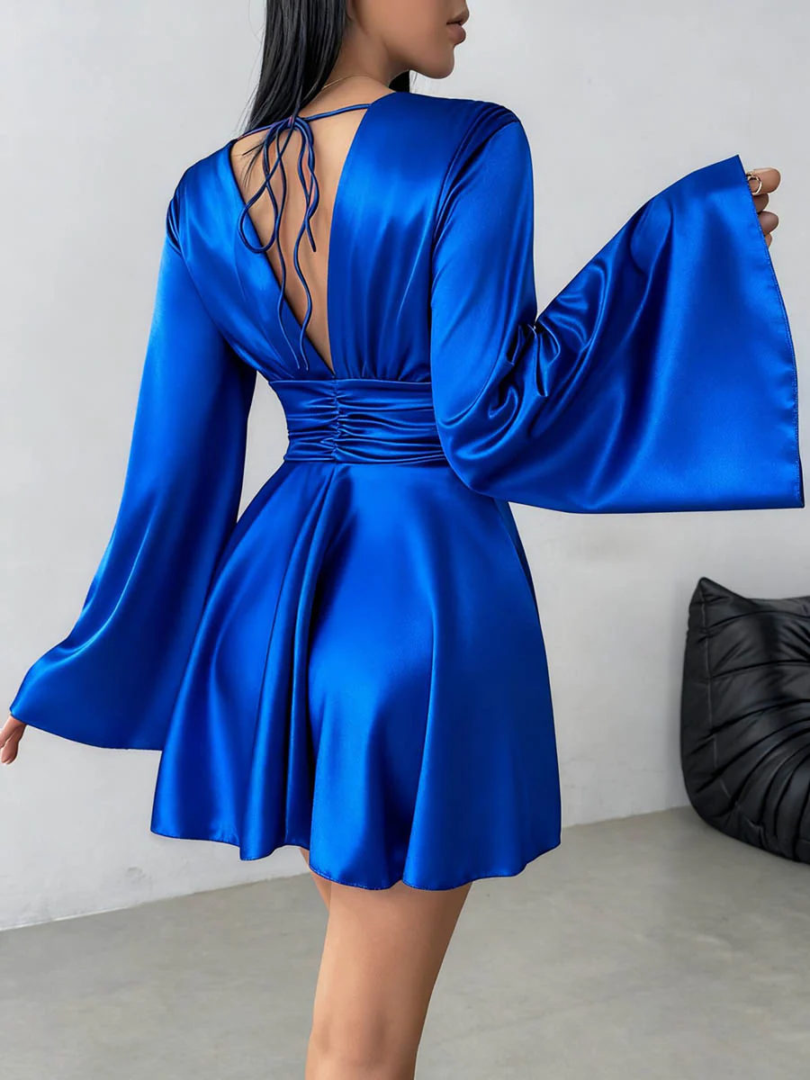 Bodycon Elasticated Waist Solid Color Deep V-Neck Mini Dresses - Image 16