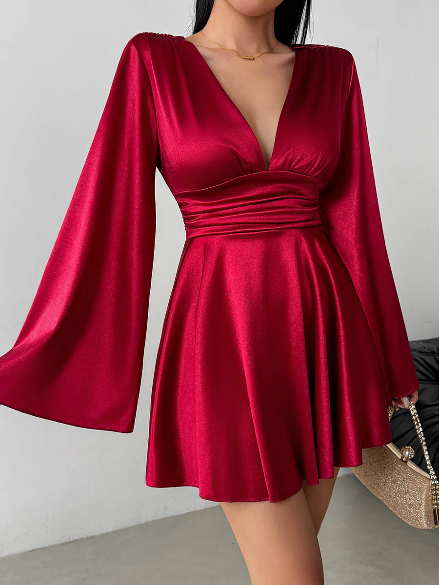 Bodycon Elasticated Waist Solid Color Deep V-Neck Mini Dresses - Image 17