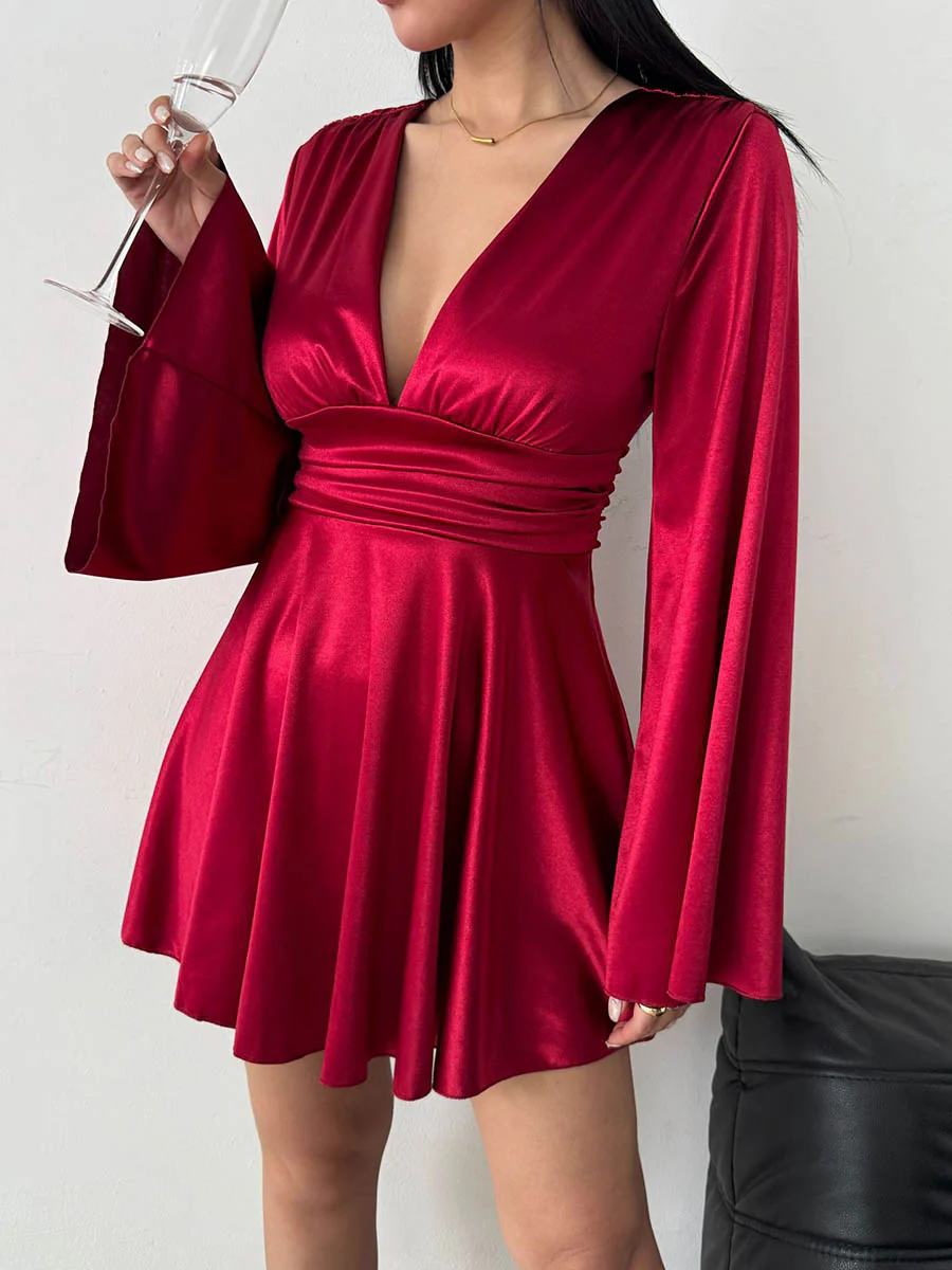 Bodycon Elasticated Waist Solid Color Deep V-Neck Mini Dresses - Image 19
