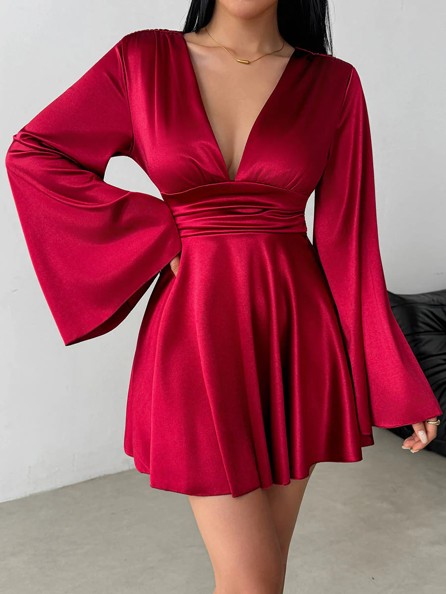 Bodycon Elasticated Waist Solid Color Deep V-Neck Mini Dresses - Image 3