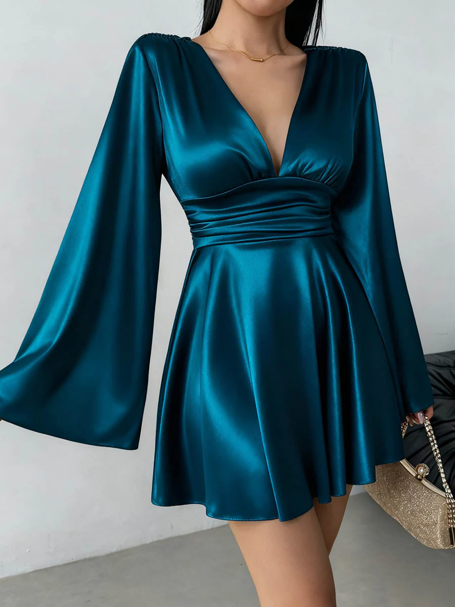 Bodycon Elasticated Waist Solid Color Deep V-Neck Mini Dresses - Image 4