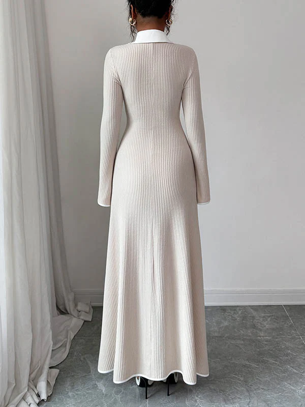 Bodycon False Two Ribbed Knit Split-Joint Lapel Maxi Dresses Sweater Dresses - Image 2
