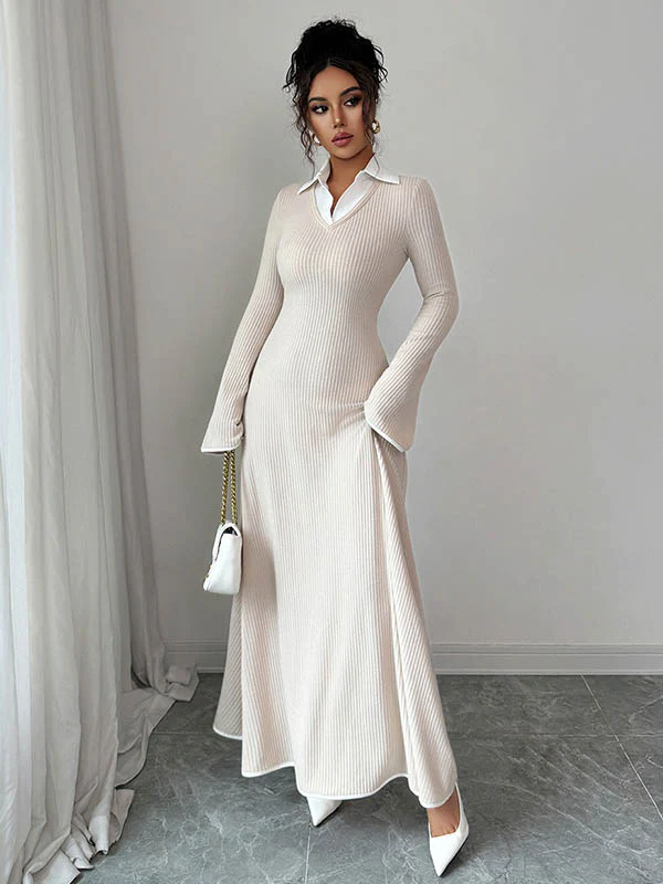 Bodycon False Two Ribbed Knit Split-Joint Lapel Maxi Dresses Sweater Dresses - Image 3