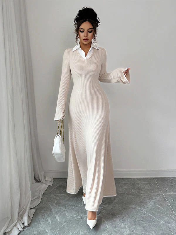 Bodycon False Two Ribbed Knit Split-Joint Lapel Maxi Dresses Sweater Dresses - Image 4