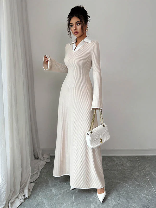 Bodycon False Two Ribbed Knit Split-Joint Lapel Maxi Dresses Sweater Dresses - Image 5