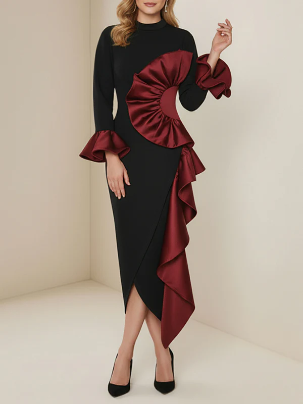 Bodycon Flared Sleeves Asymmetric Contrast Color Ruffled Zipper Stand Collar Midi Dresses - Image 2