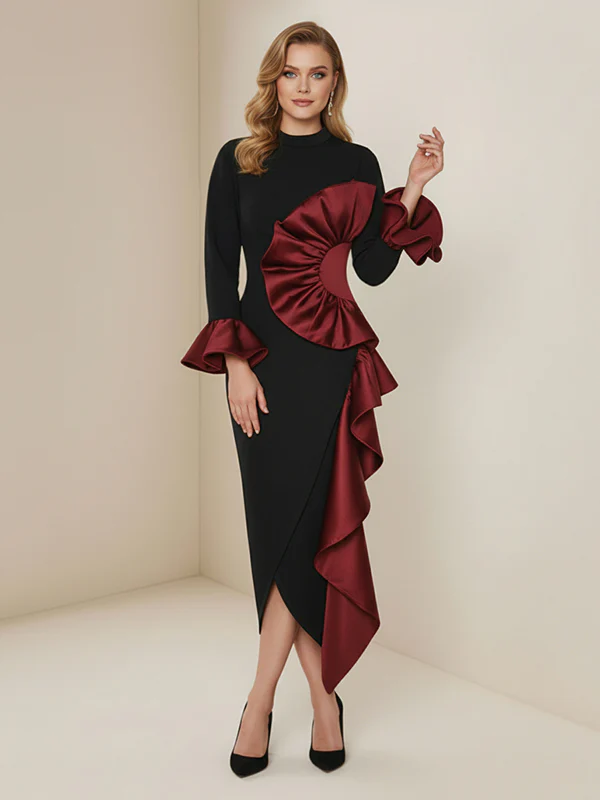 Bodycon Flared Sleeves Asymmetric Contrast Color Ruffled Zipper Stand Collar Midi Dresses - Image 3