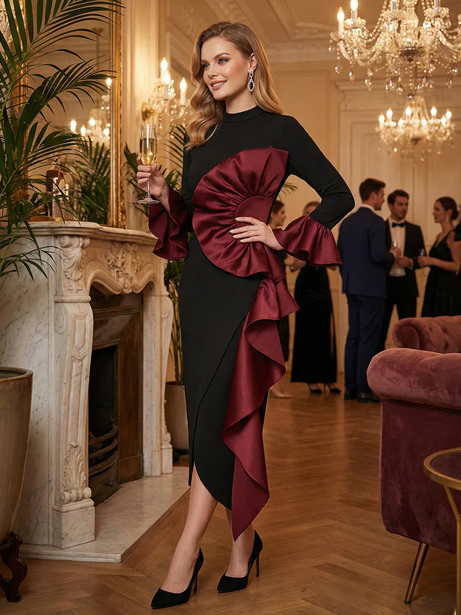 Bodycon Flared Sleeves Asymmetric Contrast Color Ruffled Zipper Stand Collar Midi Dresses - Image 4