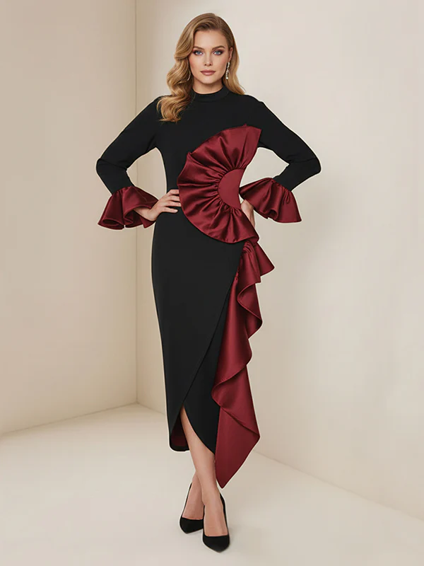 Bodycon Flared Sleeves Asymmetric Contrast Color Ruffled Zipper Stand Collar Midi Dresses - Image 6