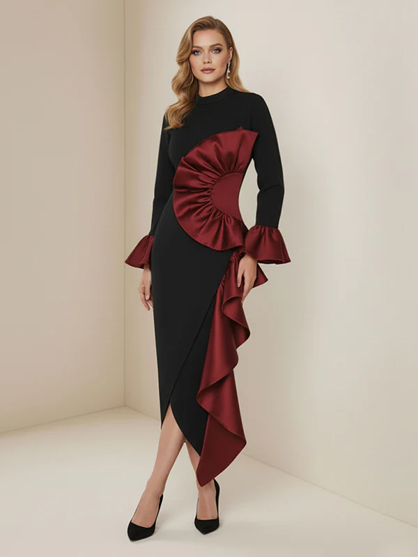 Bodycon Flared Sleeves Asymmetric Contrast Color Ruffled Zipper Stand Collar Midi Dresses - Image 7