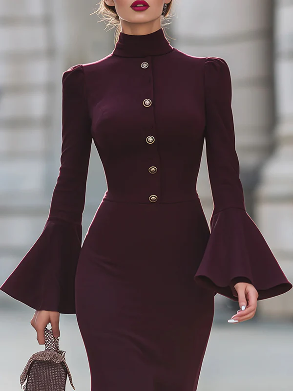 Bodycon Flared Sleeves Buttoned Solid Color High Neck Midi Dresses - Image 2