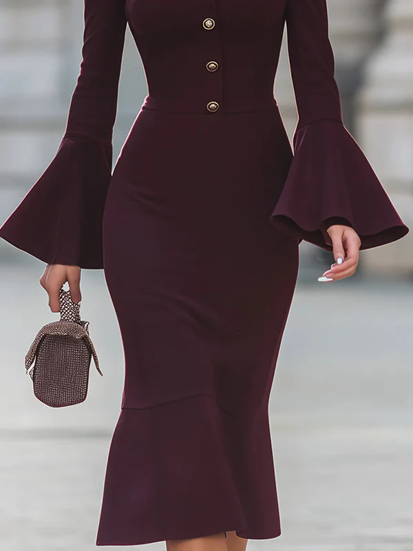 Bodycon Flared Sleeves Buttoned Solid Color High Neck Midi Dresses - Image 3