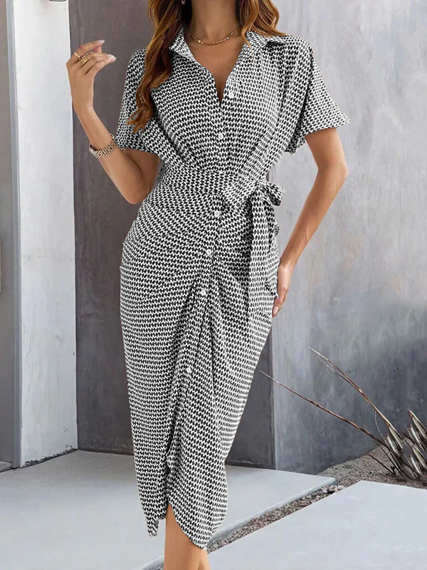 Bodycon Half Sleeves Buttoned Contrast Color Tied Waist Lapel Midi Dresses - Image 10