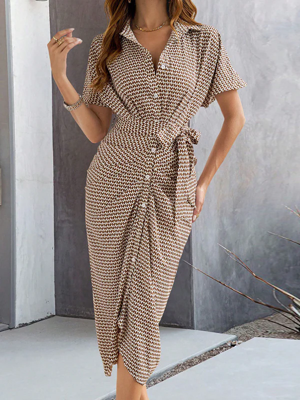 Bodycon Half Sleeves Buttoned Contrast Color Tied Waist Lapel Midi Dresses - Image 14