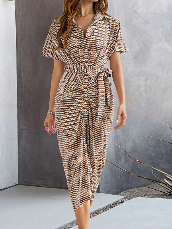 Bodycon Half Sleeves Buttoned Contrast Color Tied Waist Lapel Midi Dresses - Image 2