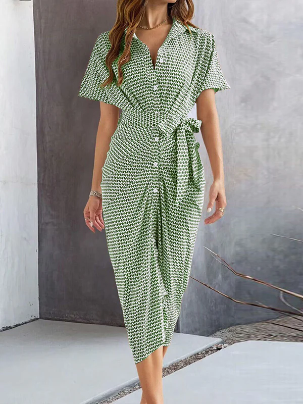 Bodycon Half Sleeves Buttoned Contrast Color Tied Waist Lapel Midi Dresses - Image 3