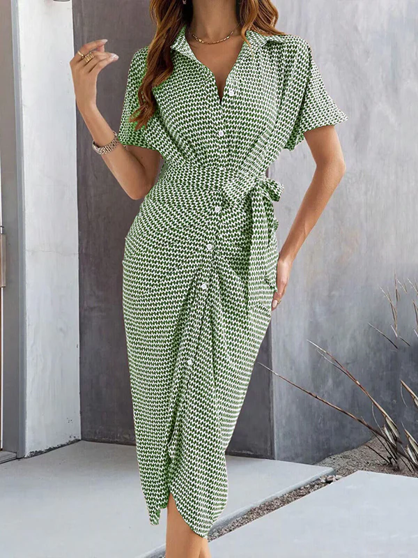 Bodycon Half Sleeves Buttoned Contrast Color Tied Waist Lapel Midi Dresses - Image 4