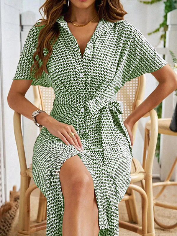 Bodycon Half Sleeves Buttoned Contrast Color Tied Waist Lapel Midi Dresses - Image 5
