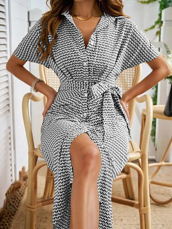 Bodycon Half Sleeves Buttoned Contrast Color Tied Waist Lapel Midi Dresses - Image 8