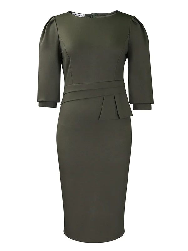 Bodycon Half Sleeves Pleated Solid Color Split-Back Split-Joint Zipper Round-Neck Midi Dresses - Image 5