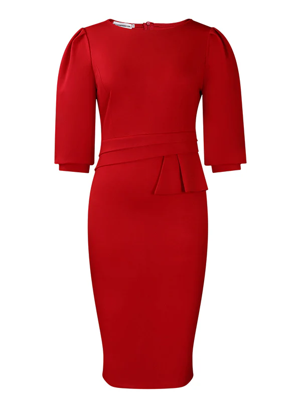 Bodycon Half Sleeves Pleated Solid Color Split-Back Split-Joint Zipper Round-Neck Midi Dresses - Image 6