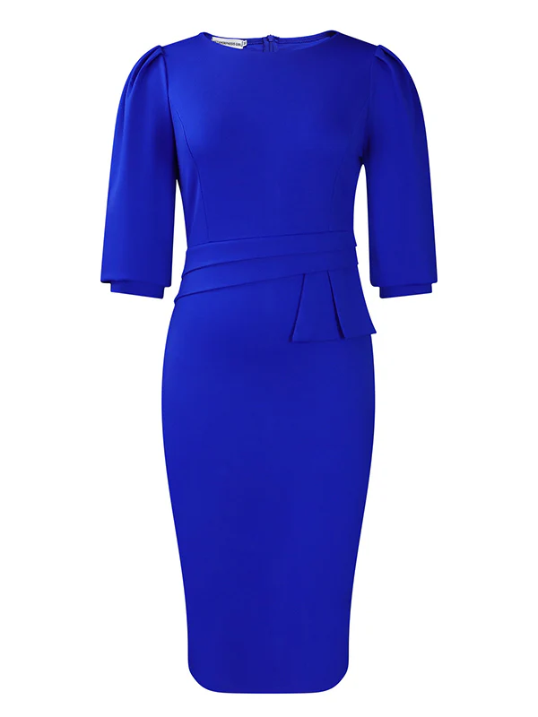 Bodycon Half Sleeves Pleated Solid Color Split-Back Split-Joint Zipper Round-Neck Midi Dresses - Image 7