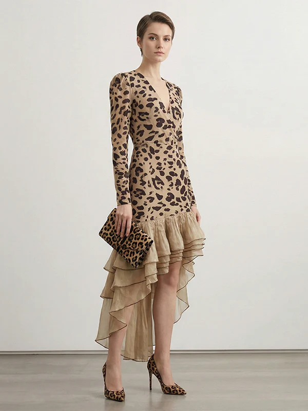 Bodycon High-Low Contrast Color Leopard Ruffled Split-Joint Deep V-Neck Midi Dresses - Image 5