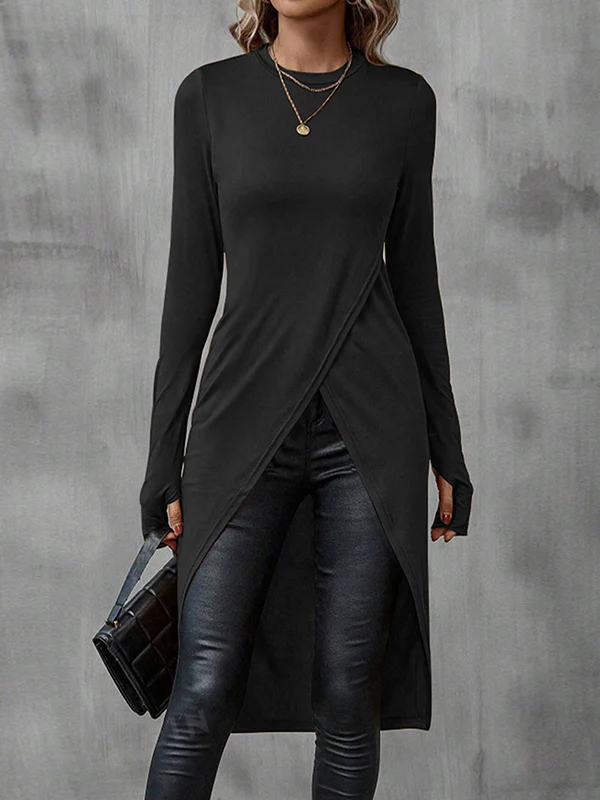 Bodycon High-Low Solid Color Round-Neck T-Shirts Tops - Image 2